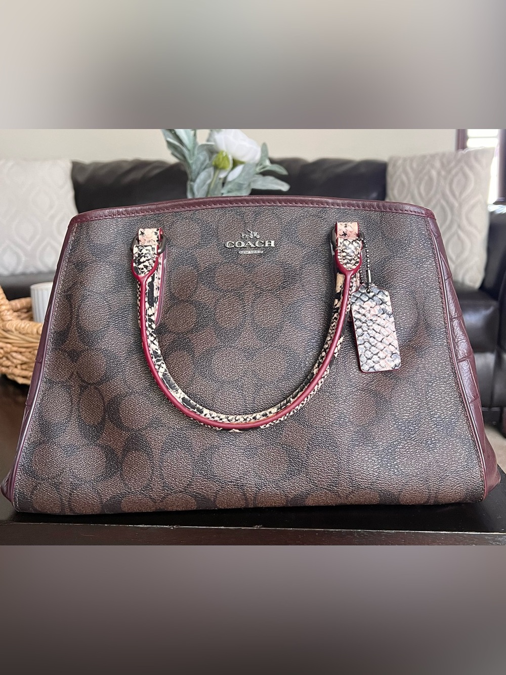COACH MARGOT Embossed Snake Leather Signature Satchel Dark Brown/Burgundy - Picture 7 of 16